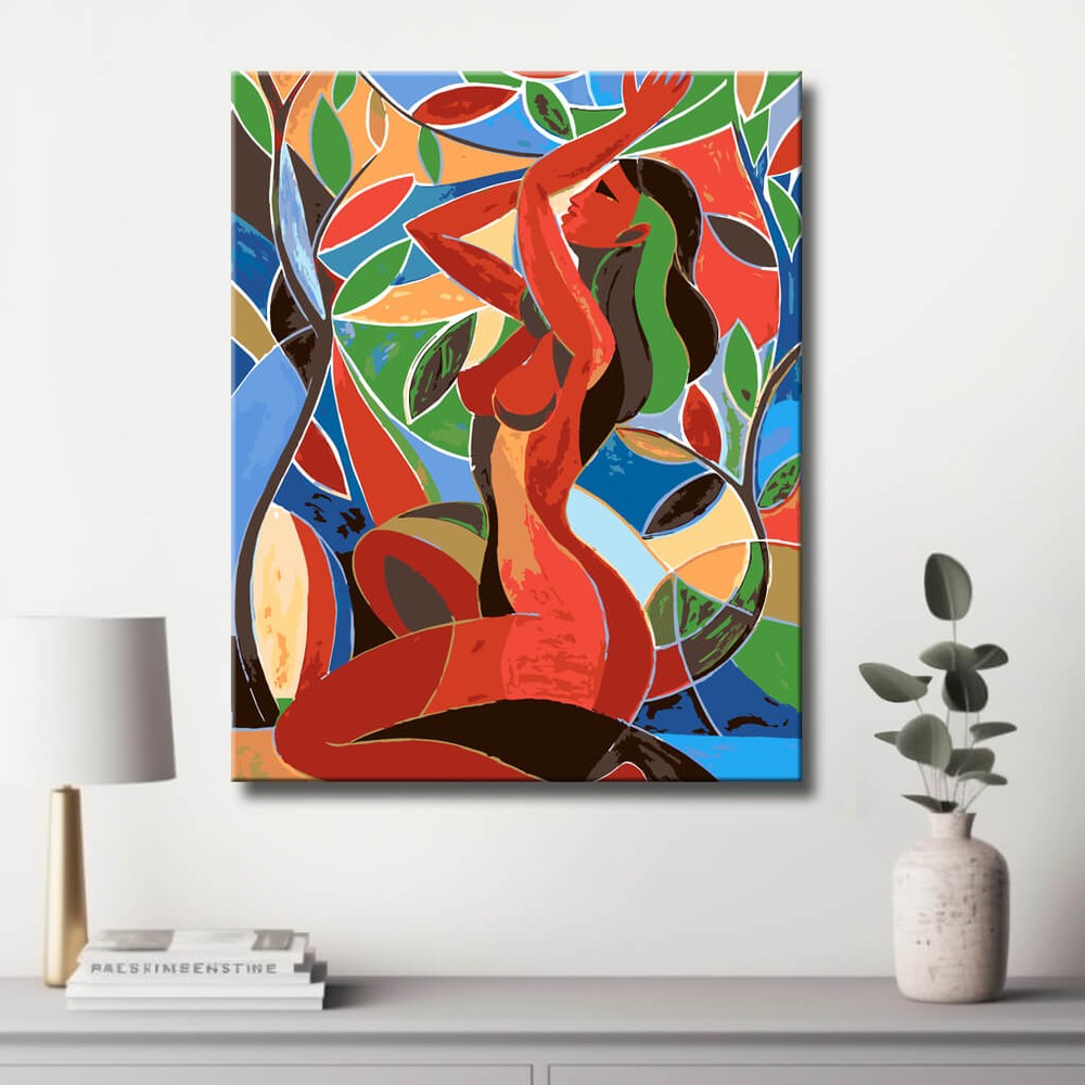 nude woman red colorful leaves abstract DIY art wall decor modern artwork