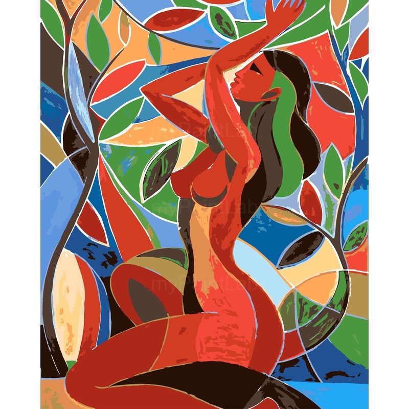 nude woman red colorful leaves abstract