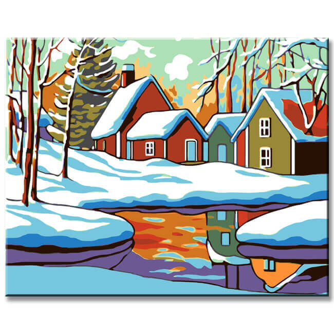 Painting by Numbers Art Illustration Winter Landscape Colorful Houses