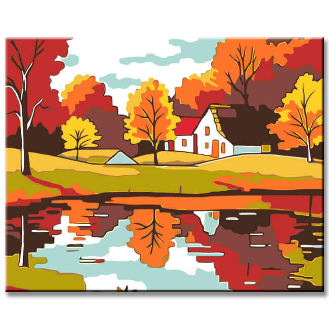 Painting by Numbers Art Illustration Autumn Landscape Reflection in The Water