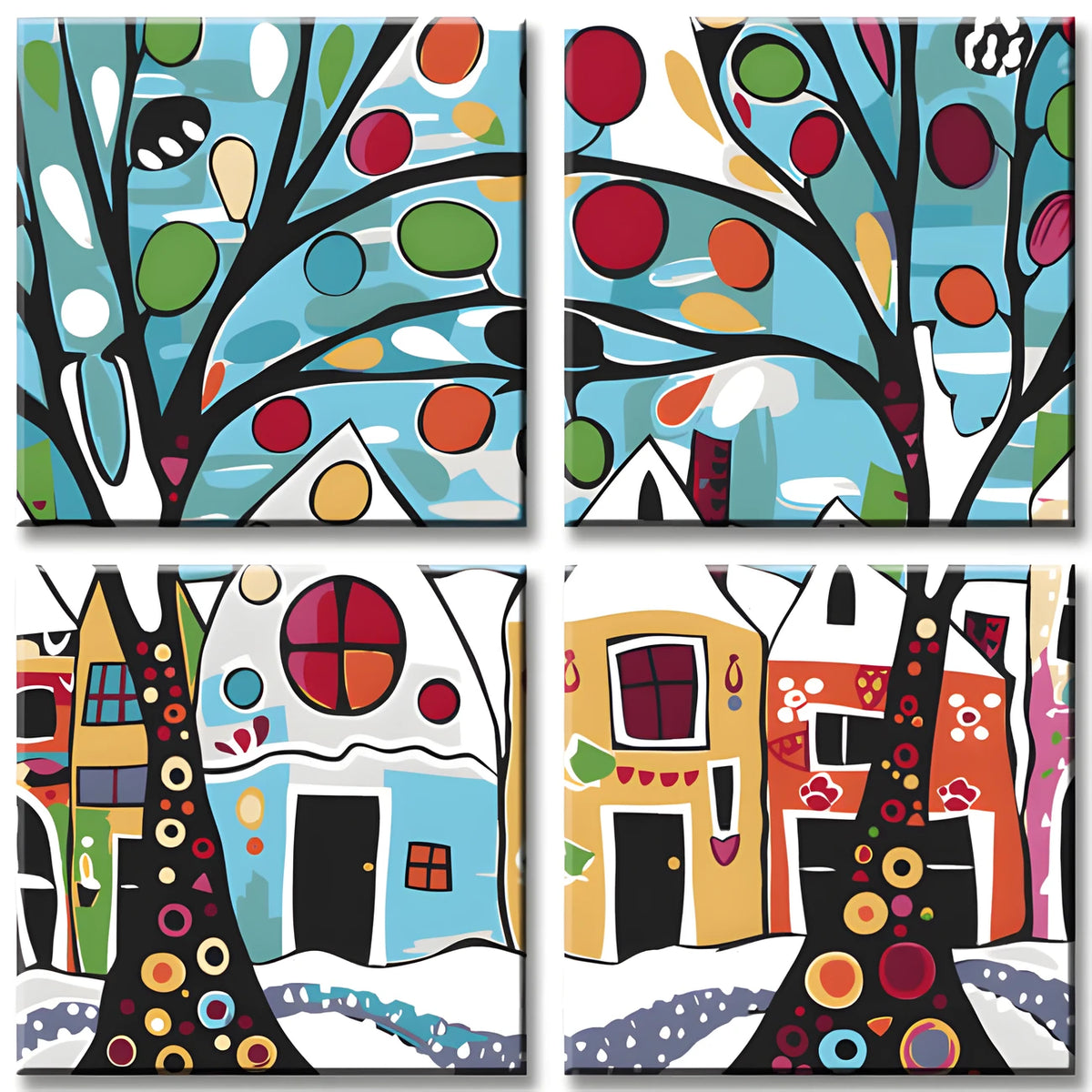 Painting by Numbers Art Trees in Front of Colorful Houses 4-Panel