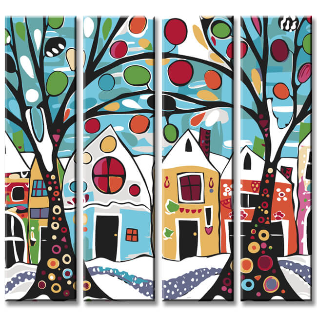 Painting by Numbers Art Trees in Front of Colorful Houses 4-Panel
