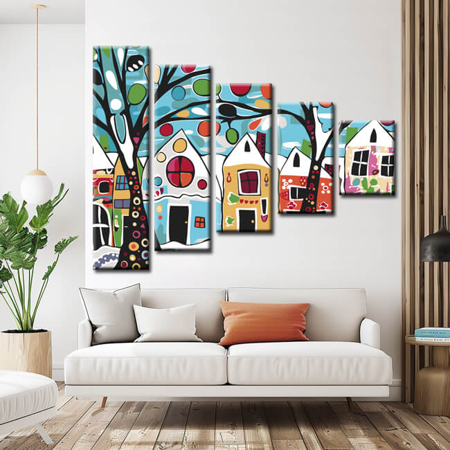 Painting by Numbers Art Trees in Front of Colorful Houses 5-Panel