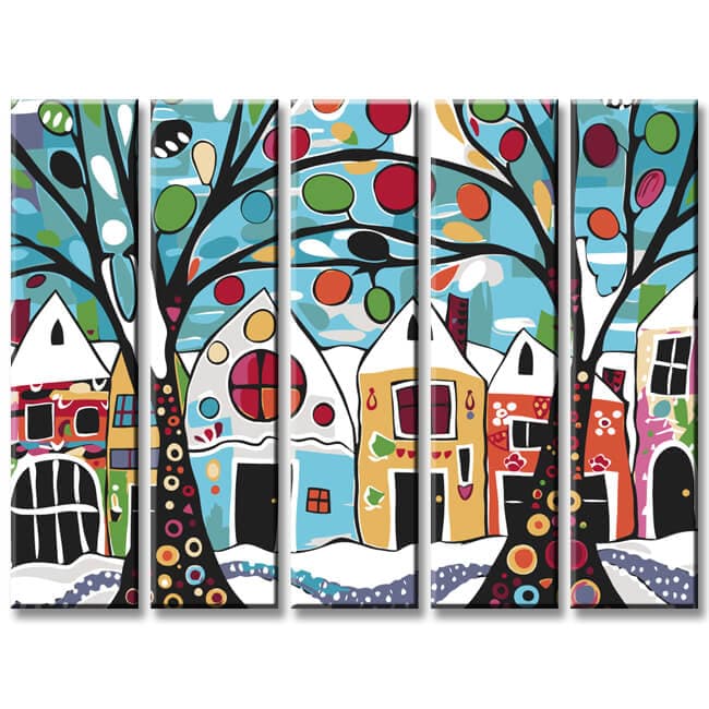 Paint by Numbers Painting Trees in Front of Colorful Houses 5-Panel
