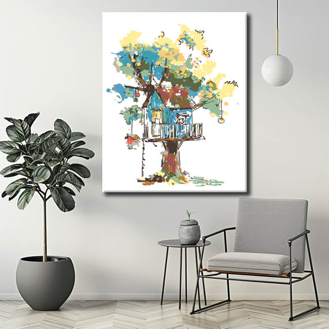 Painting by Numbers Art Illustration Blue Treehouse in Yellow Tree