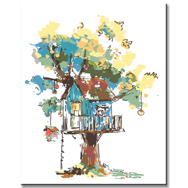 Painting by Numbers Art Illustration Blue Treehouse in Yellow Tree