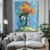 Paint by Numbers Art Illustration Yellow Tree with Pink Tree House