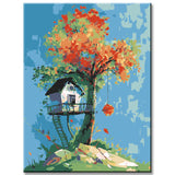 Paint by Numbers Art Illustration Yellow Tree with Pink Tree House