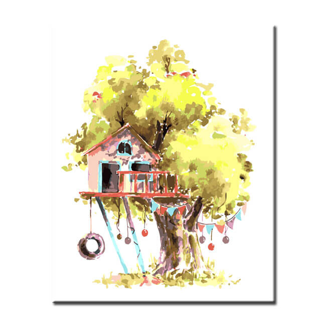 Paint by Numbers Art Illustration Yellow Tree with Pink Tree House