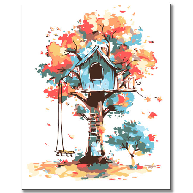 Paint by Numbers Art Illustration Blue Treehouse Autumn