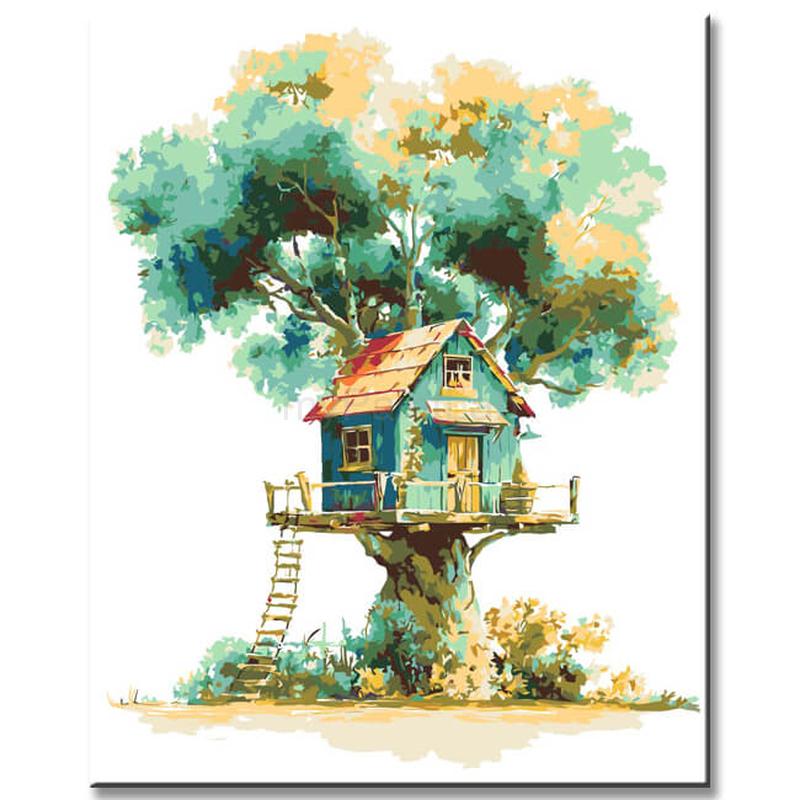 Paint by Numbers Art Illustration Purple Tree with Red Tree House