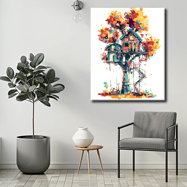 Paint by numbers art illustration of several tree houses in the yellow tree