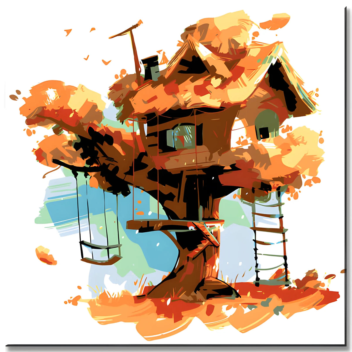 Paint by numbers illustration of a large brown treehouse with a swing