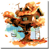 Paint by numbers illustration of a large brown treehouse with a swing