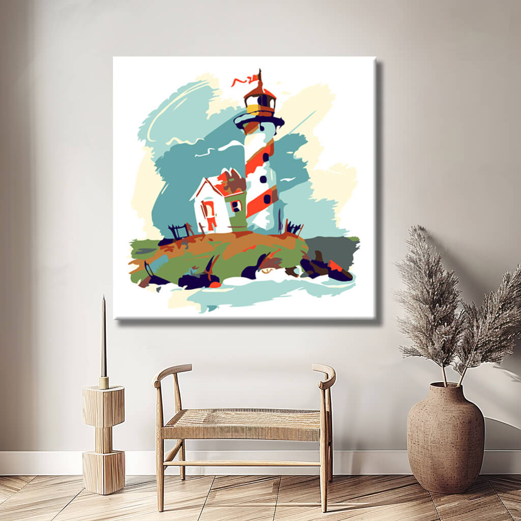 Painting by numbers art illustration lighthouse with white house