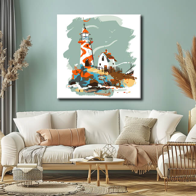 Painting by numbers art illustration lighthouse with white house