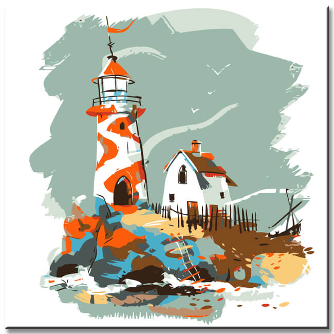 Painting by numbers art illustration lighthouse with white house