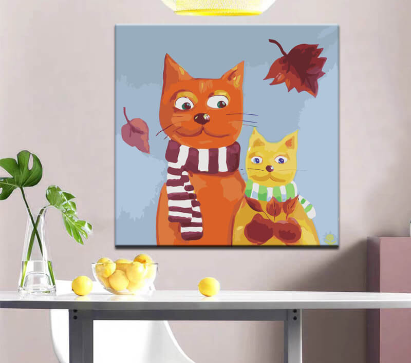 Paint by Numbers Art Illustration Two Cats with Scarf and Autumn Leaves