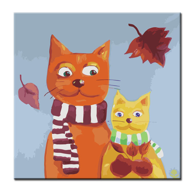 Paint by Numbers Art Illustration Two Cats with Scarf and Autumn Leaves