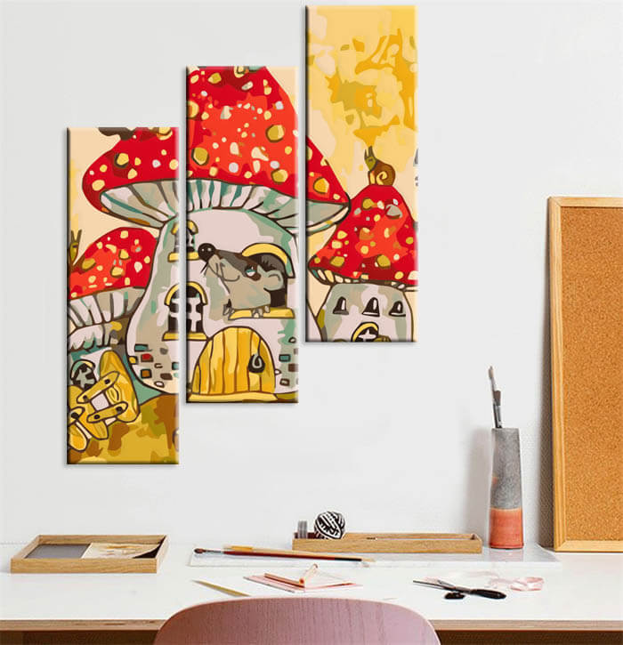 Painting by Numbers Art Illustration Toadstool House with Mouse, Butterfly and Snail 3-Panel-2