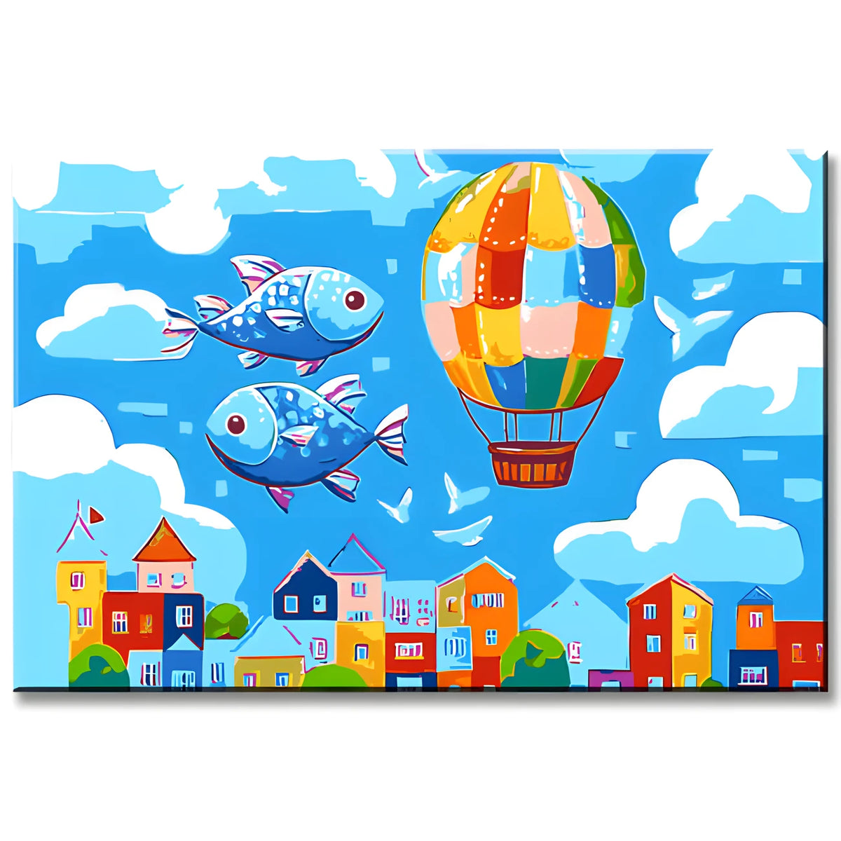 Painting by Numbers Art Illustration Creative Fish and Hot Air Balloon Over The City