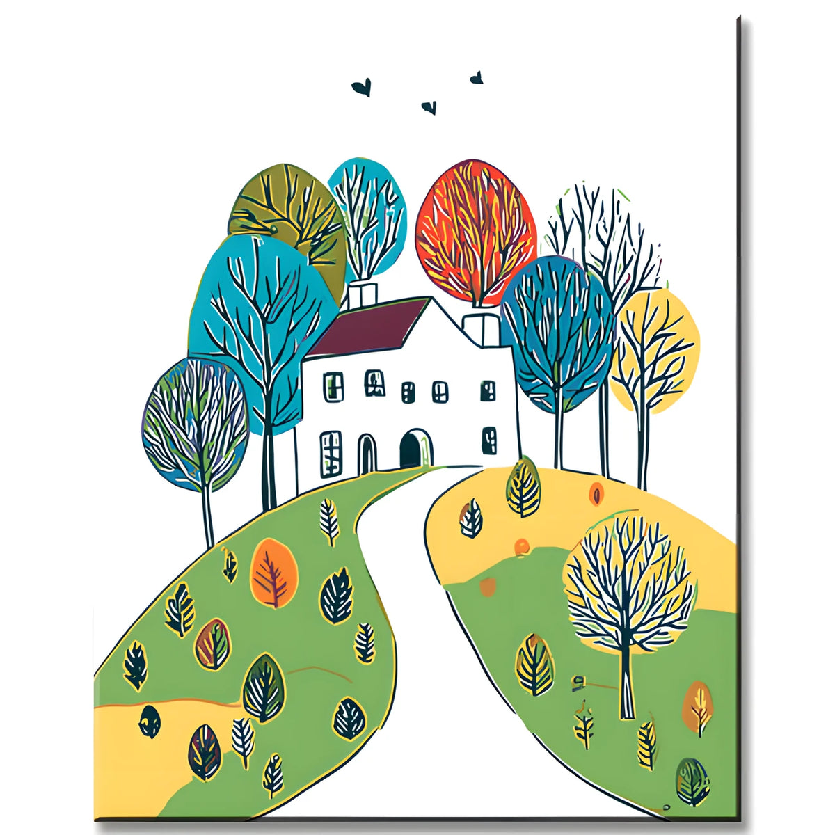 Paint by numbers illustration of a white house in the landscape with colorful trees
