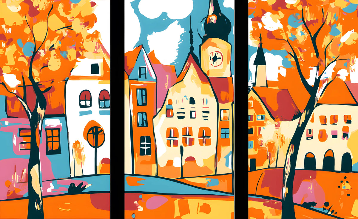 Painting by Numbers Folk Art Illustration City Views - 3-Panel