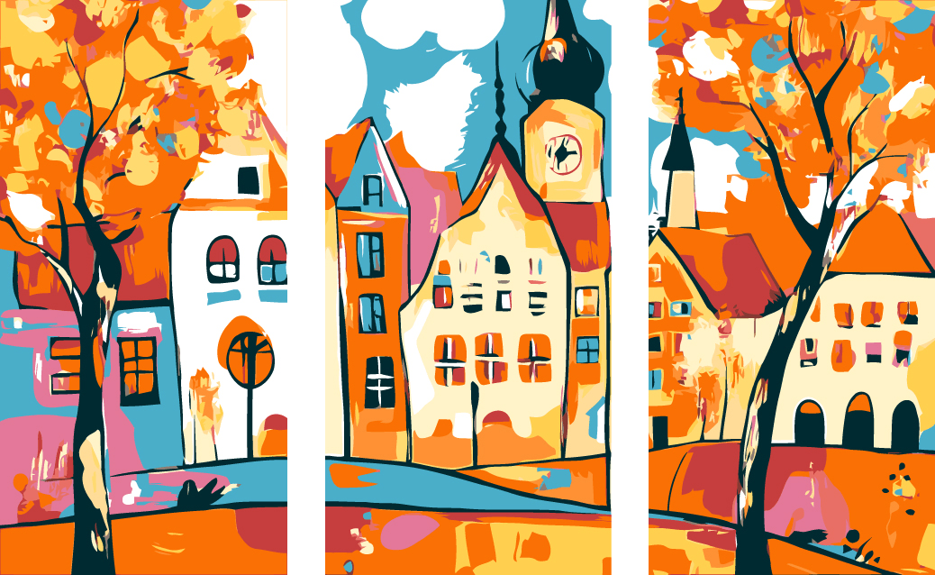Painting by Numbers Folk Art Illustration City Views - 3-Panel