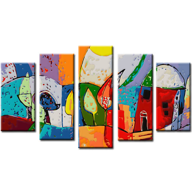 Painting by Numbers Art Illustration Colored Landscape with House 5-Panel