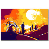 Paint by numbers people standing on a mountain with the sun in the background