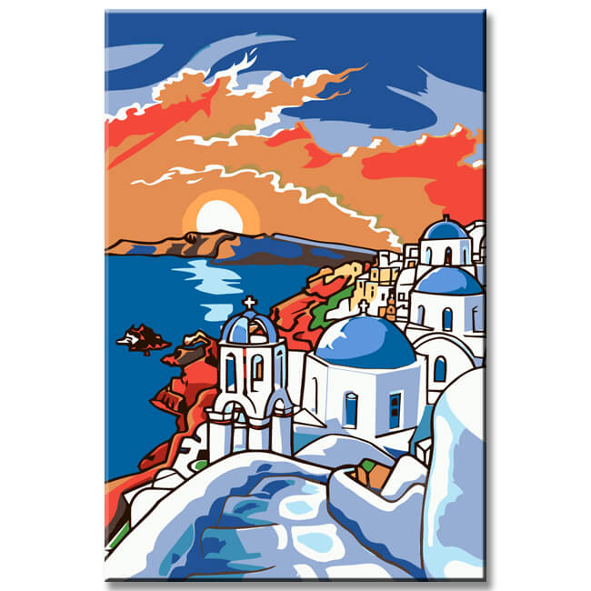 Painting by numbers art landscape sea of ​​Greece with white houses and blue roofs