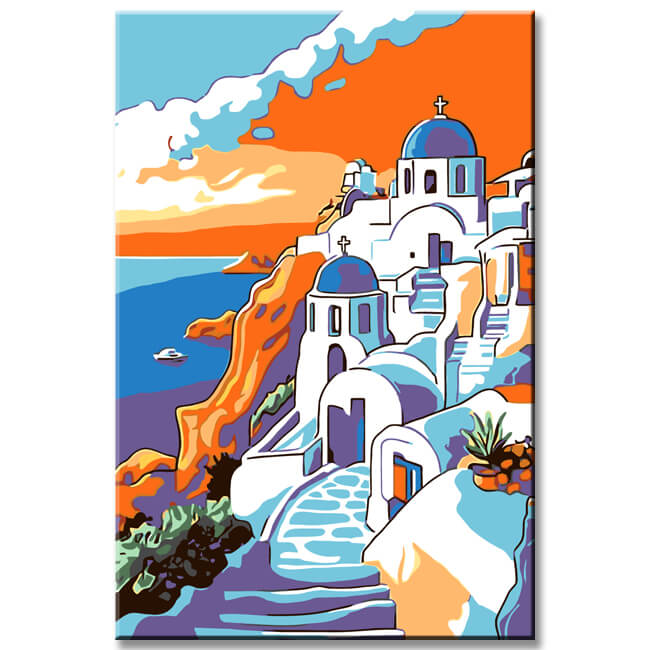 Painting by Numbers Art Landscape Sea of Greece with White Houses and Blue Roofs