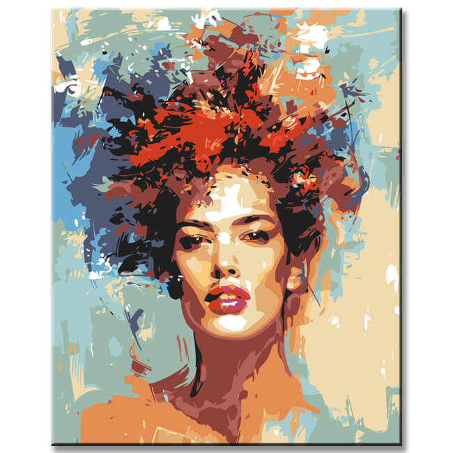 Painting by numbers art woman's head with colors in her hair