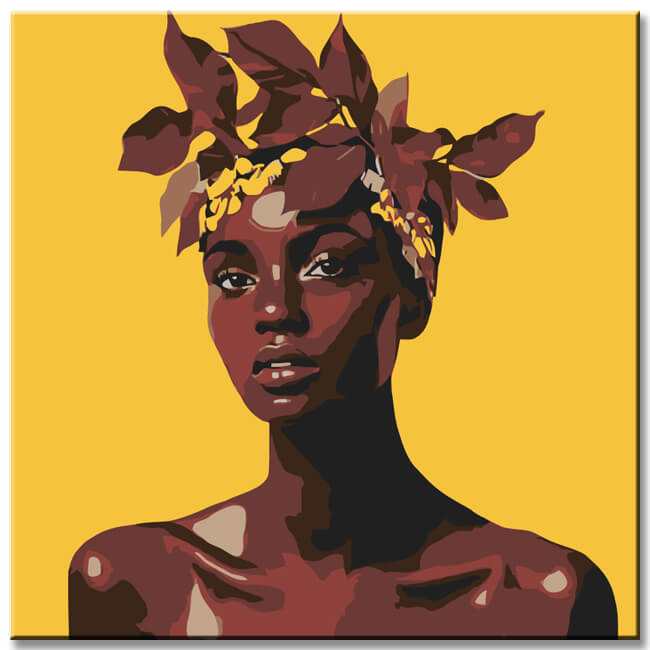 Painting by Numbers Art Lifestyle African Woman in Front of A Yellow Background and Leaves on Her Head