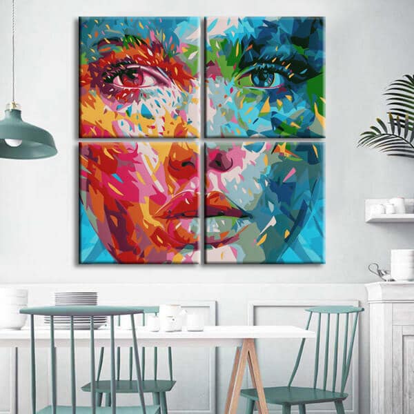 Painting by Numbers Art Lifestyle Woman Half Red Colored and Half Teal Colored Face 4 Panel