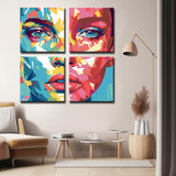 Painting by Numbers Art Lifestyle Woman Half Red Colored and Half Teal Colored Face 4 Panel