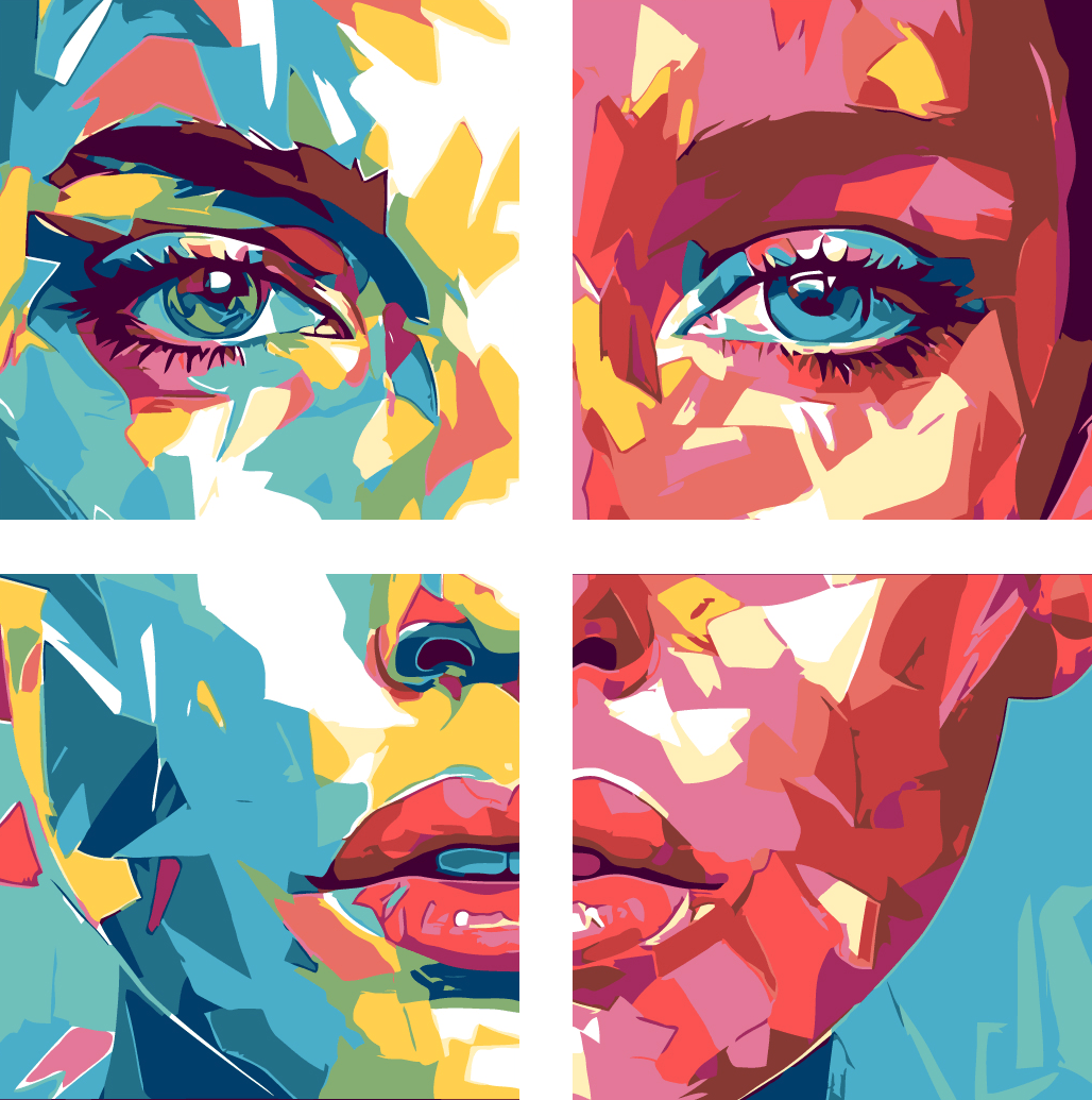 Painting by Numbers Art Lifestyle Woman Half Red Colored and Half Teal Colored Face 4 Panel