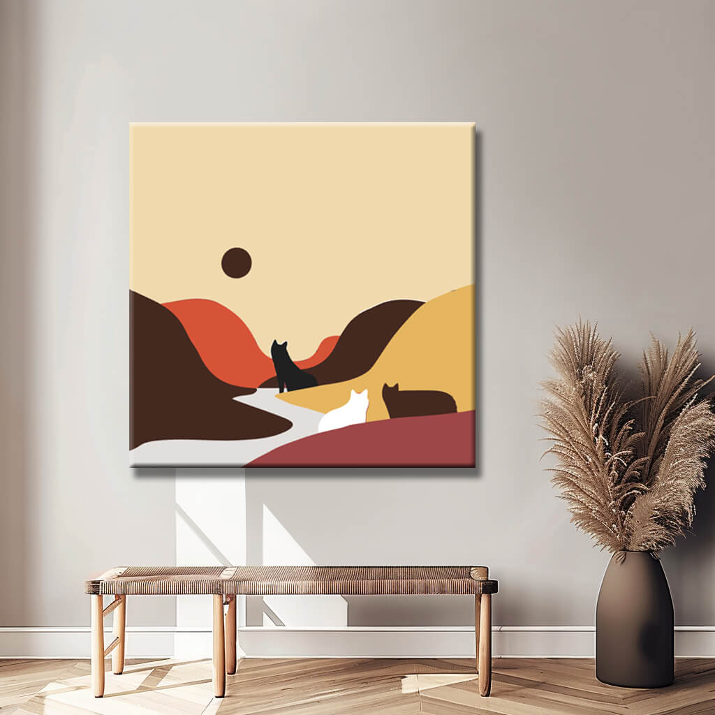 Painting by numbers art hills by the river in a cat look