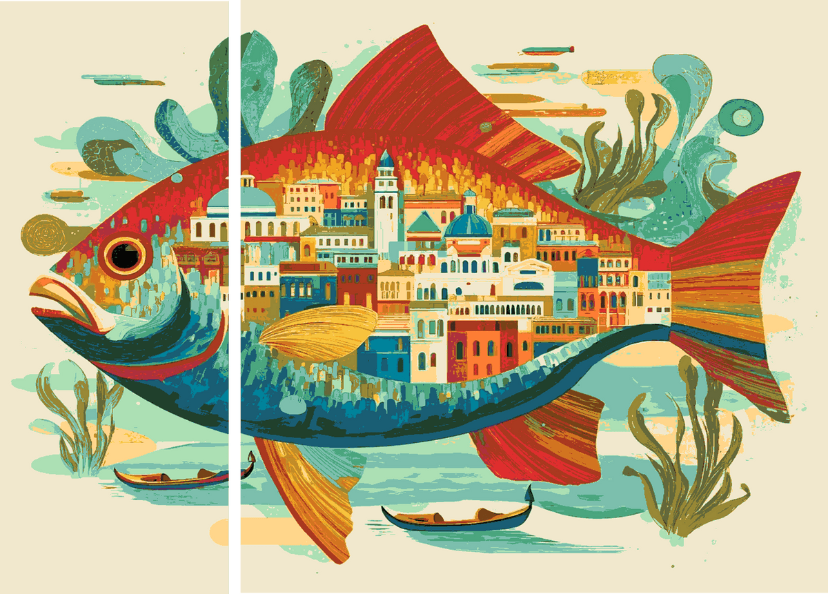 Painting by Numbers Art Animal Colorful Fish with An Oriental City in its Stomach 2-Panel