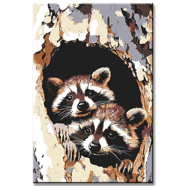 Painting by Numbers Art Animal Raccoons Peeking Out of Tree Hole