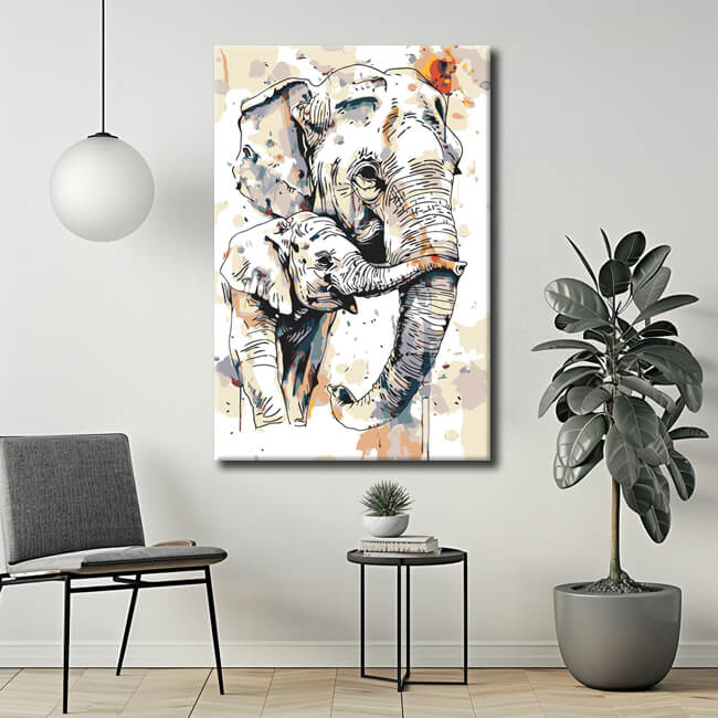 Painting by numbers art animal elephant mom with her baby