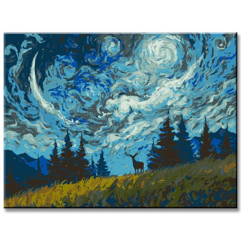 Painting by Numbers Moose Stands on A Meadow in Front of Fir Trees