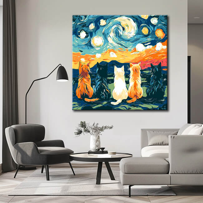 Painting by Numbers Five Cats Under A Colorful Sky