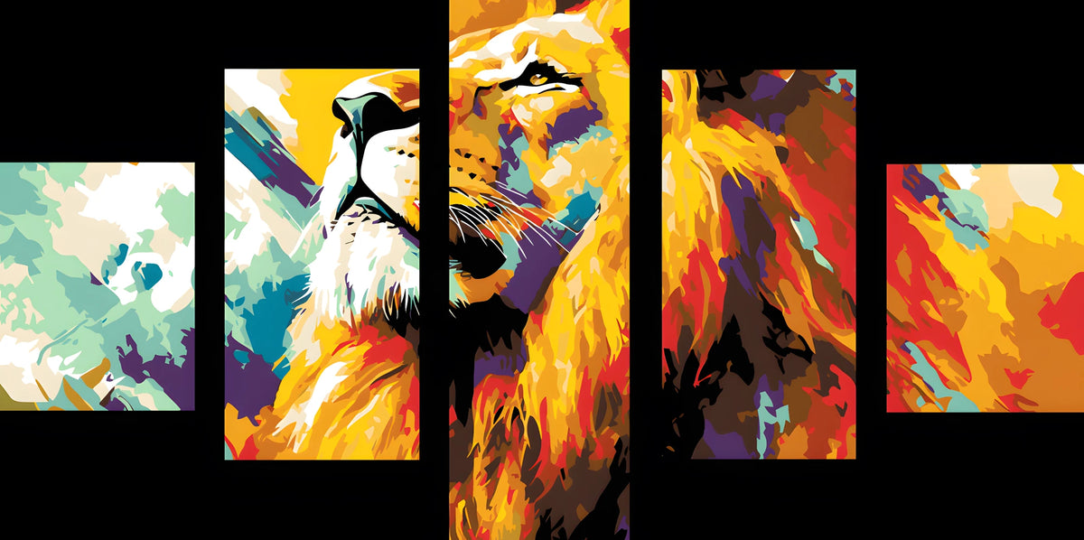 Painting by Numbers Art Animal Colorful Lion Face From The Front 5-Panel