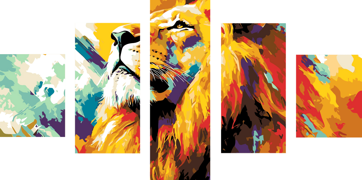 Painting by Numbers Art Animal Colorful Lion Face From The Front 5-Panel