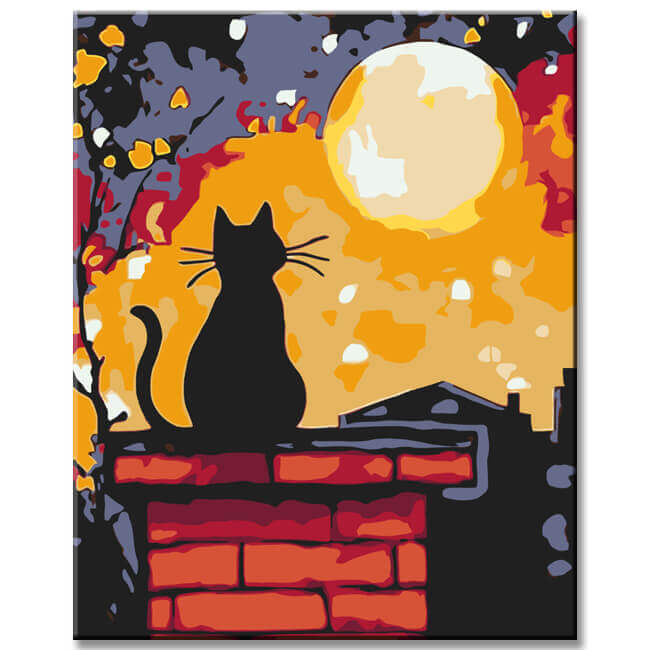 Painting by Numbers Black Cat on The Roof of The House At Night
