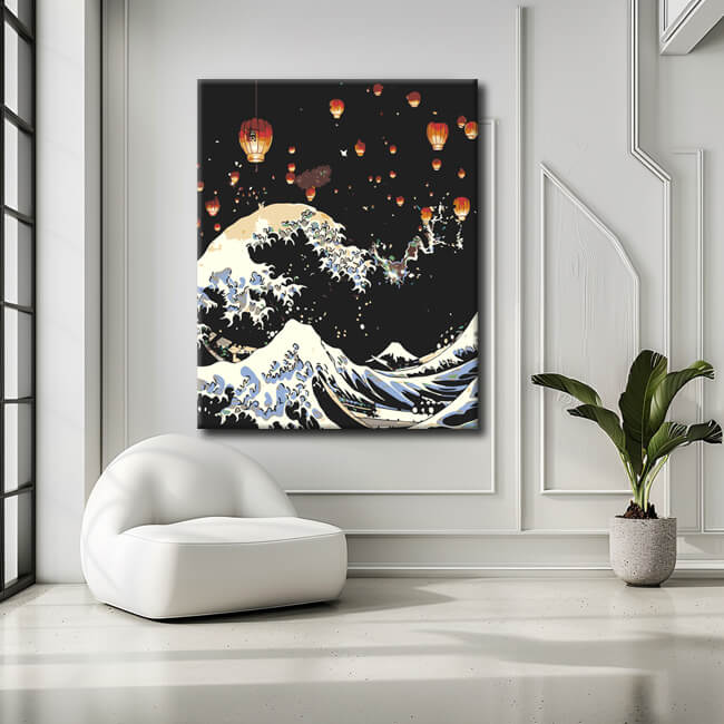 Painting by numbers The big wave and Japanese lanterns in the night sky