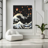 Painting by numbers The big wave and Japanese lanterns in the night sky