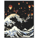 Painting by numbers The big wave and Japanese lanterns in the night sky
