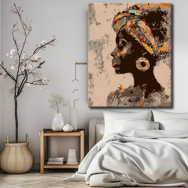 Painting by numbers portrait of a woman with gold earrings